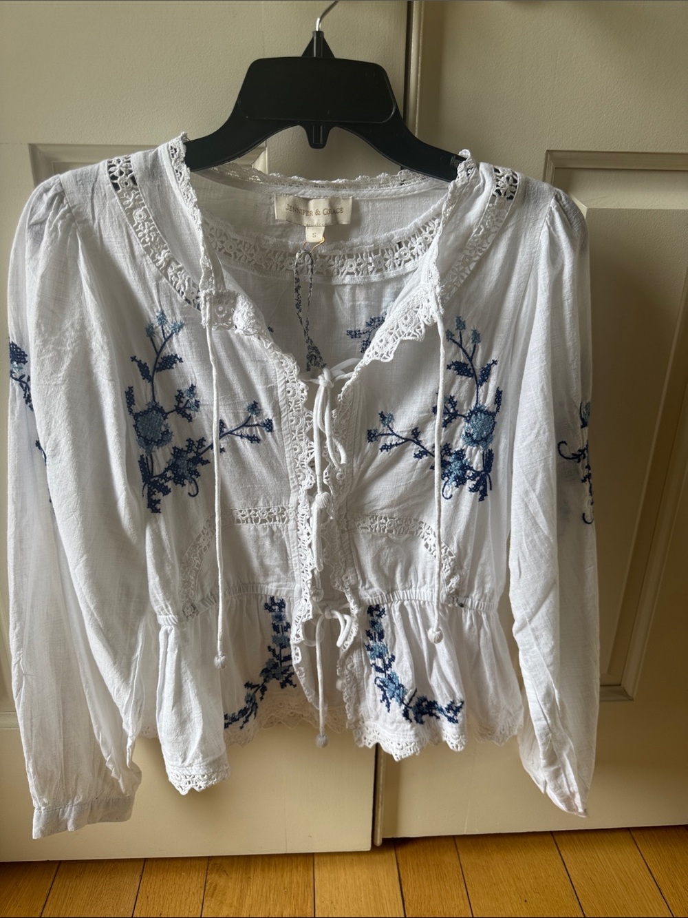 White Peasant Blouse with Blue Floral Embroidery